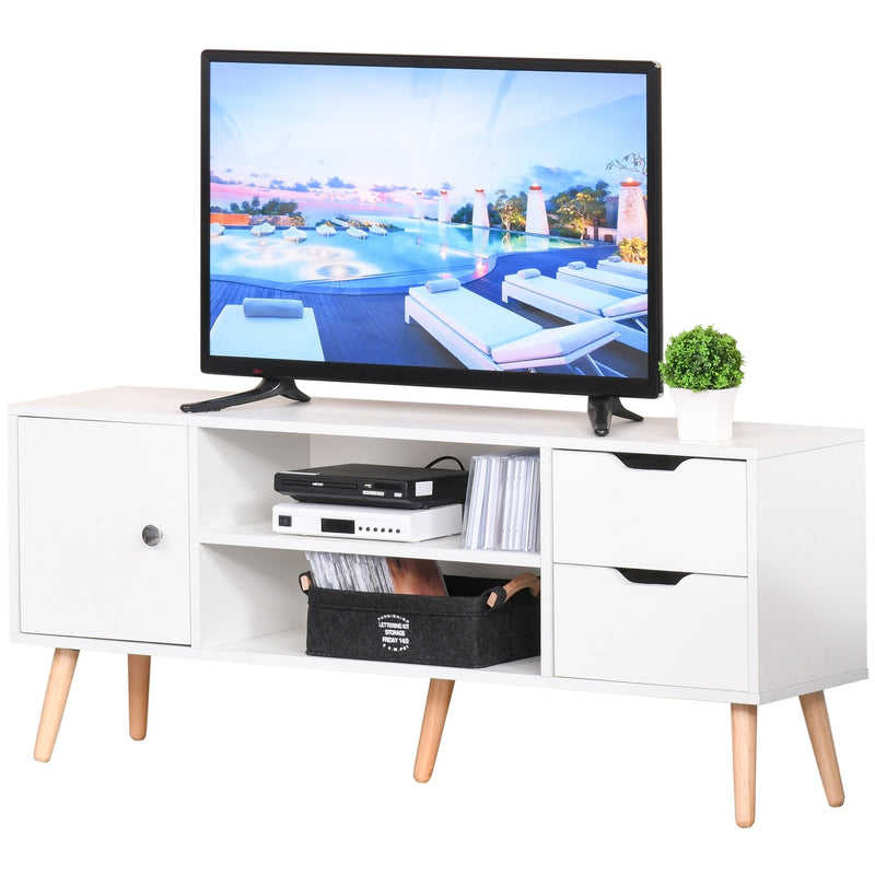 Modern TV Stand for TVs up to 42'' Flat Screen, TV Console Cabinet with Storage Shelf, Drawers, Cable Hole, Home Entertainment Center, Living Room Bedroom and Office, White Center