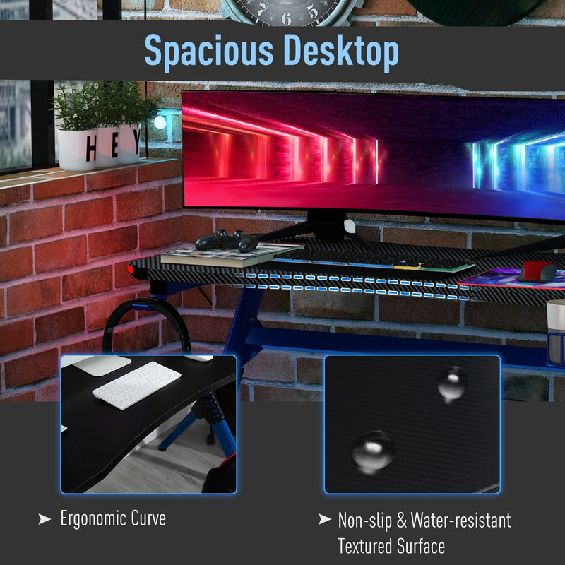 120 Gaming Desk with RGB LED Lights Racing Style Gaming Table with Cup Holder, Cable Management, Blue Office Computer Holder 2