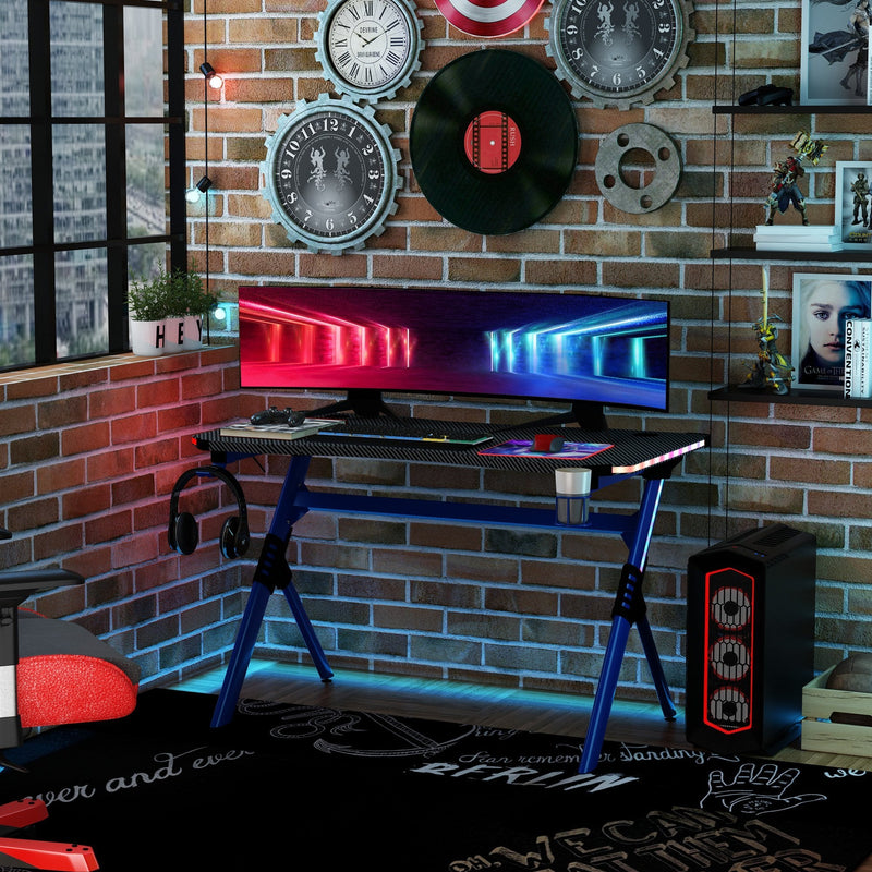 120 Gaming Desk with RGB LED Lights Racing Style Gaming Table with Cup Holder, Cable Management, Blue Office Computer Holder 2