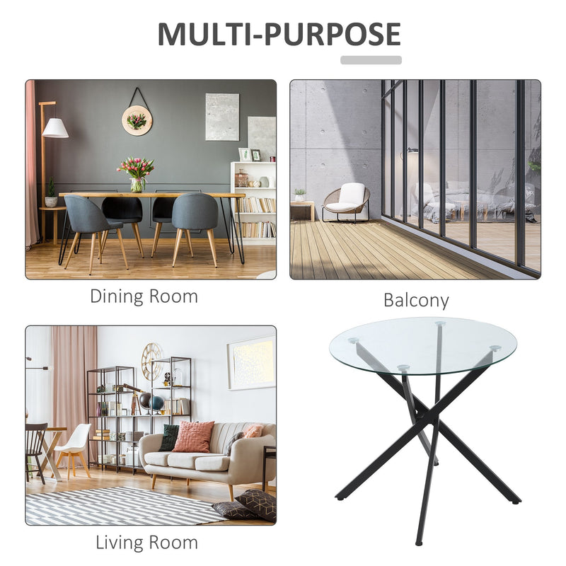 Side Table with Clear Tempered Glass Top, Round Table with Metal Legs, Modern Dining Table Furniture for Dining Room Living Room, Black Top & Legs