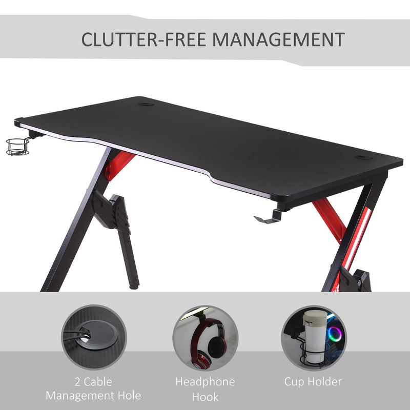 1.2m Gaming Desk Racing Style Computer Table with RGB Light Cup Holder Headphone Hook Cable Management for Study Workstation