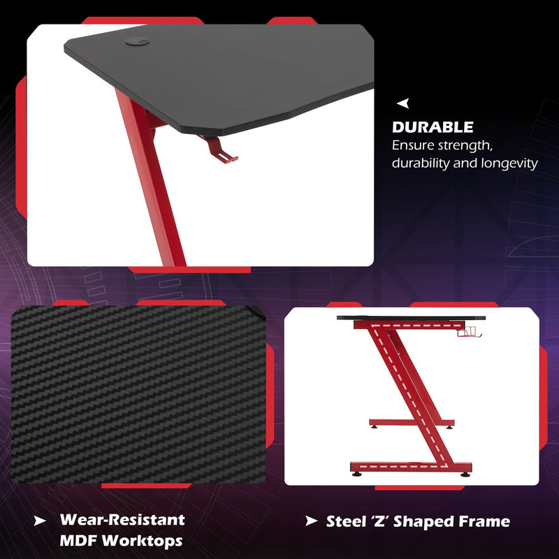 HOMCOM Gaming Desk Steel Frame w/ Cup Headphone Holder Adjustable Feet Cable Organiser Home Office Computer Table Red