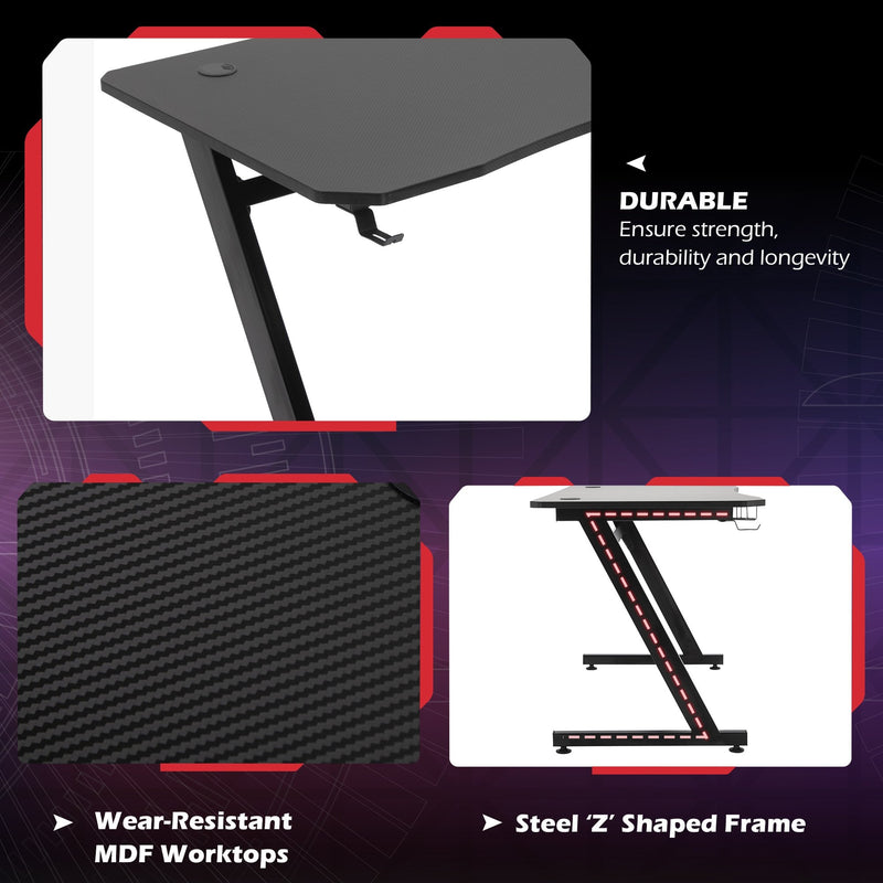 Steel Frame Gaming Desk Writing Table Workstations for Home and Office w/ Cup Headphone Holder Adjustable Feet Black