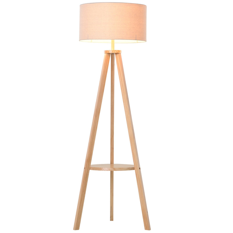HOMCOM Floor Lamp, 154H cm-Beige/Natural Wood Colour