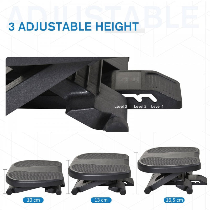 Adjustable Under-Desk Footrest Height Angle Tilt Anti-Slip Pads Thick Plastic Compact Circulation Posture Pressure Relief Home Work Comfort Health Black