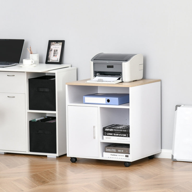 Multi-Storage Printer Stand Unit Office Desk Side Mobile Storage w/ Wheels Modern Style 60L x 50W x 65.5H cm - White Organisation 5 Compartments
