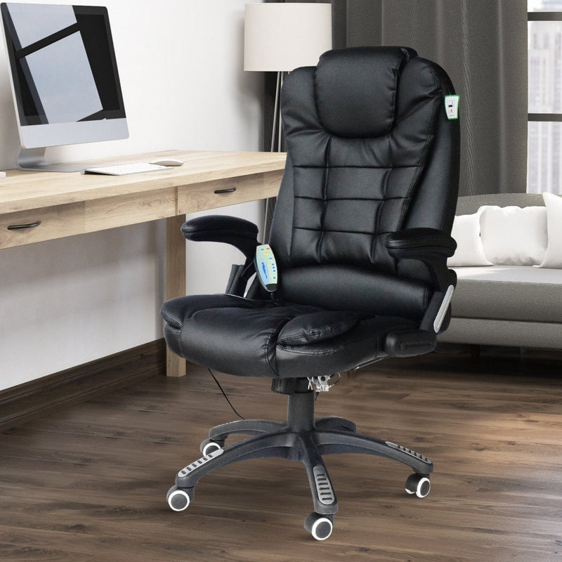 Black Leather Office Chair PU Massage Function Deluxe Reclining Faux Computer 6-Point Massage Back Desk Work Swivel