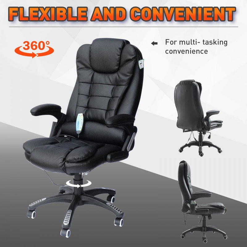 Black Leather Office Chair PU Massage Function Deluxe Reclining Faux Computer 6-Point Massage Back Desk Work Swivel