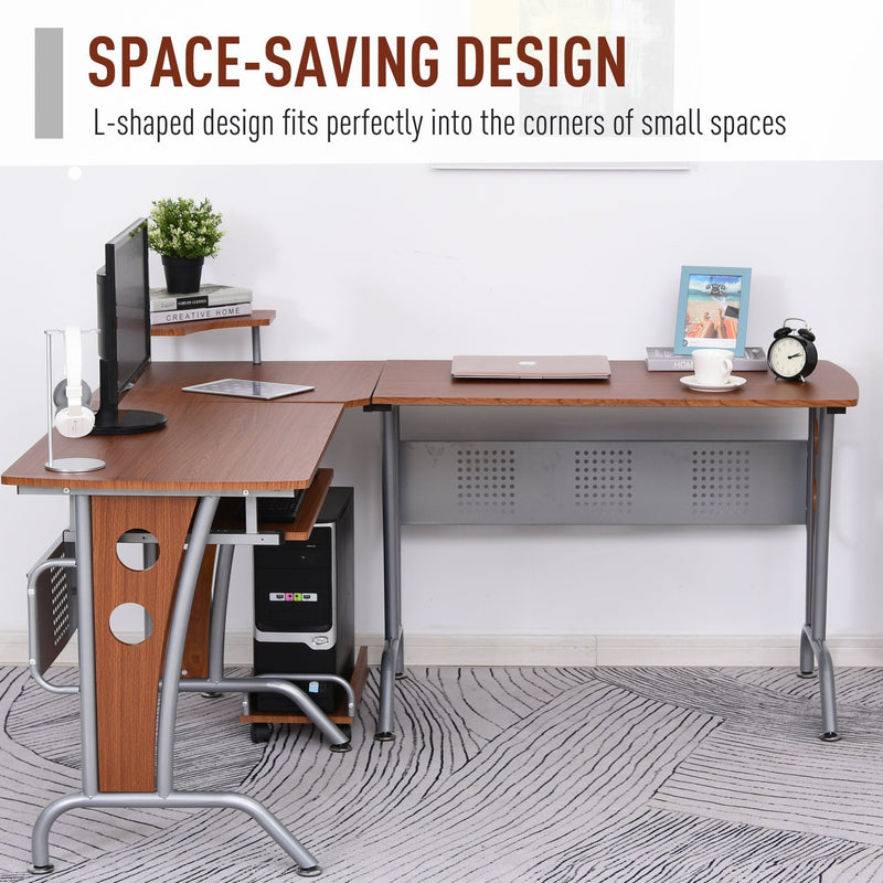 86.5H x 170L x 140W cm Steel MDF Top L-Shaped Corner Desk w/ Keyboard Tray Brown