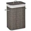 Bamboo Laundry Basket With Flip Lid And String Handles, Collapsible Hamper Removable Lining Board Base Foldable Water-Resistant Dirty Clothes Storage, Grey Handles Lining