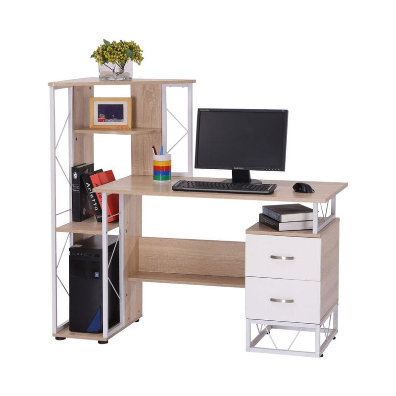 Workstation Computer Writing Desk W/2 Drawers Multi-Shelves-Oak/White