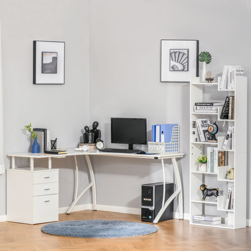 L-Shaped Computer Desk Table with Storage Drawer Home Office Corner Industrial Style Workstation, White PC