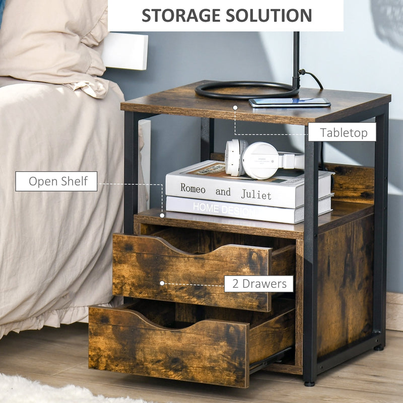 Industrial Side Table with Drawer, Sofa Table, Bedside Cabinet with Storage Shelf, Slim Nightstand for Living Room, Bedroom, Rustic Brown Desk