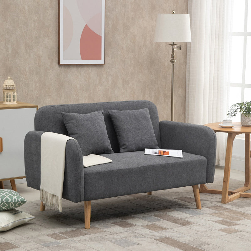 2-Seat Loveseat Sofa Chenille Fabric Upholstered Couch with Rubberwood Legs, Grey Wood