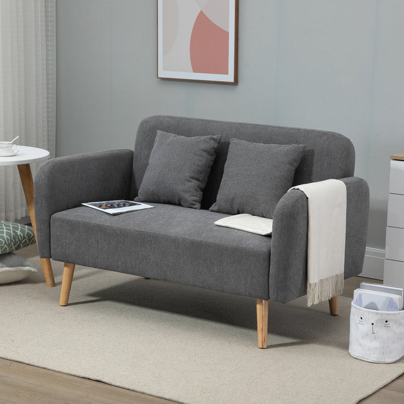 2-Seat Loveseat Sofa Chenille Fabric Upholstered Couch with Rubberwood Legs, Grey Wood