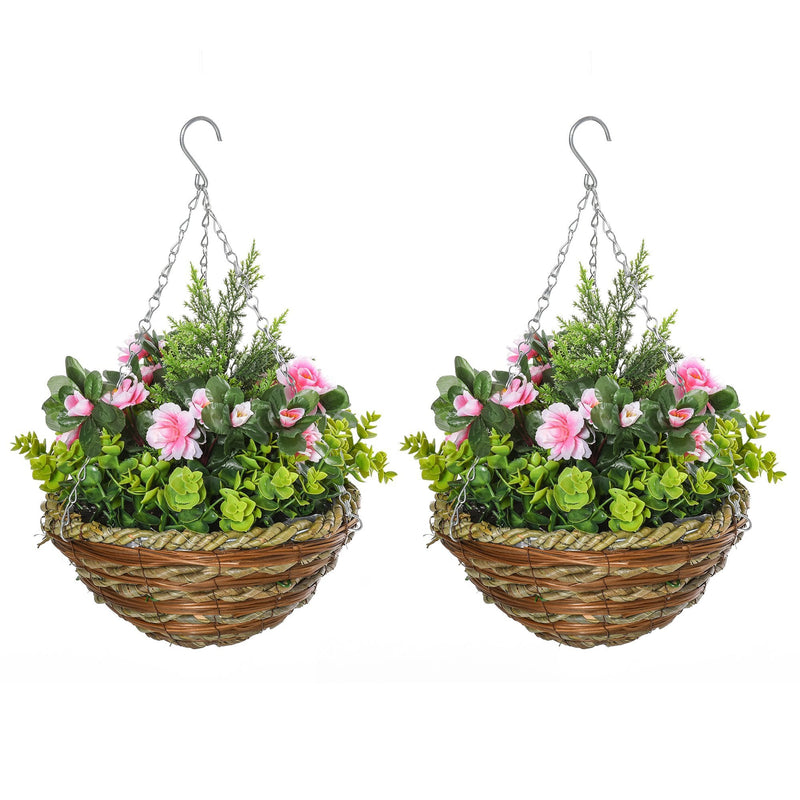 HOMCOM Pack of 2 Artificial Lisianthus Flowers Hanging Planter with Basket for Indoor Outdoor Decoration Home Garden