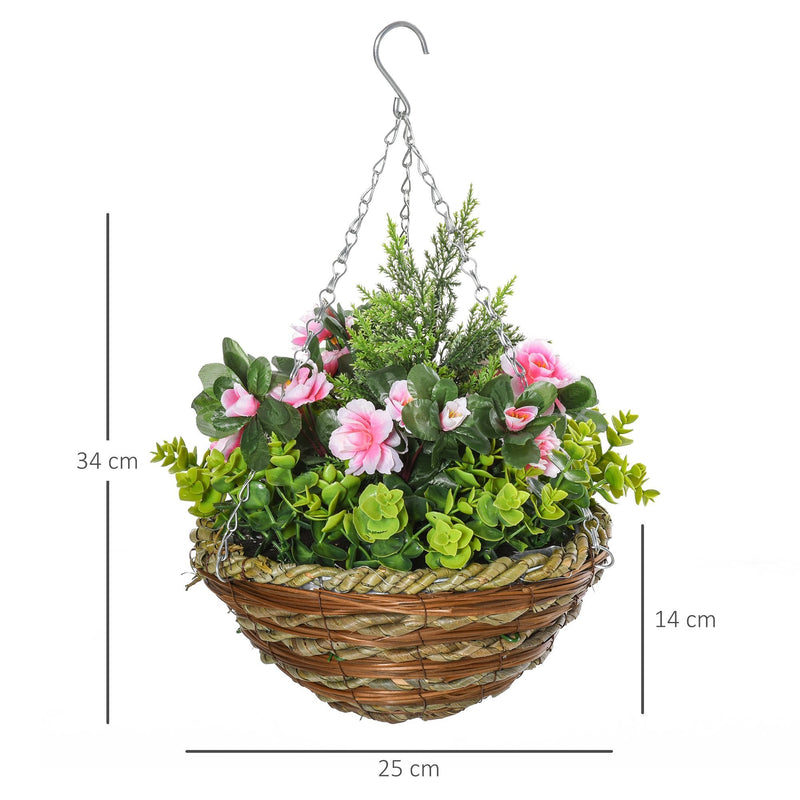 HOMCOM Pack of 2 Artificial Lisianthus Flowers Hanging Planter with Basket for Indoor Outdoor Decoration Home Garden