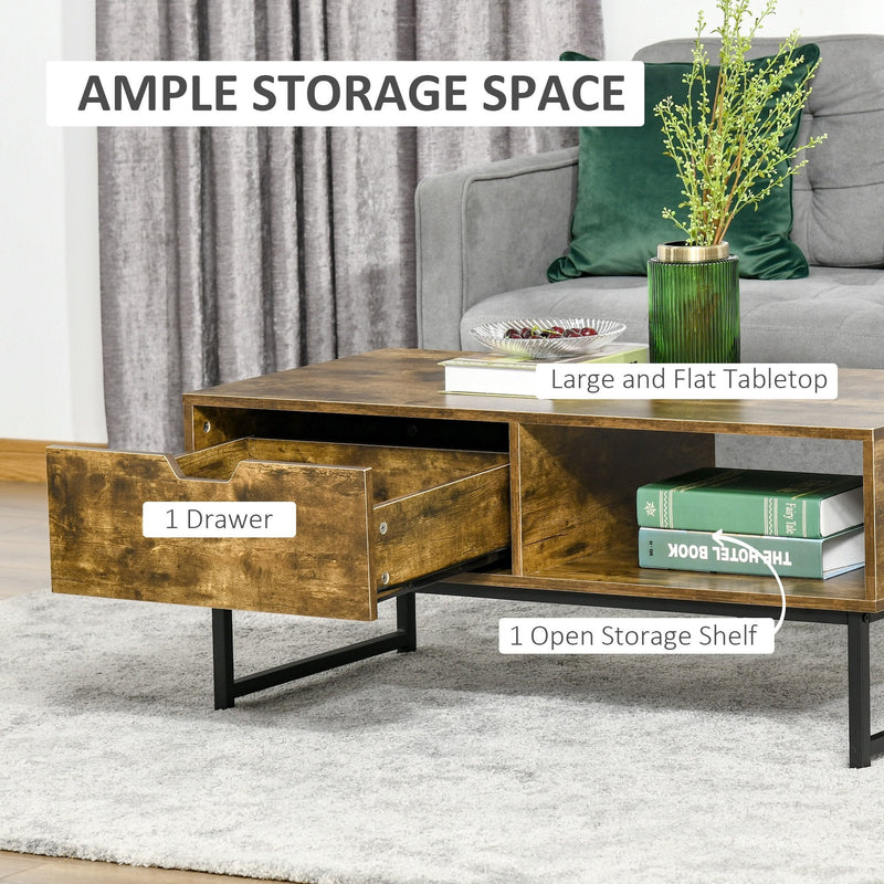 Industrial Coffee table Wooden End Table with Shortage Shelf and Drawer Modern Sofa Table for Living Room, Office, Reception Room Wooden Tabletop Metal Frame, Rustic Brown 106W x 48D x 43H cm Wood Finish
