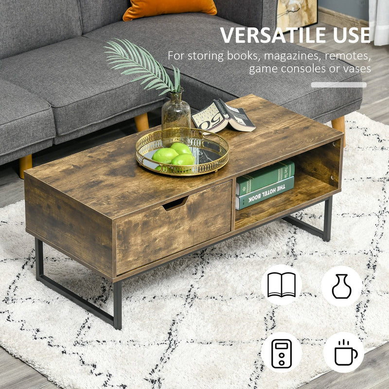 Industrial Coffee table Wooden End Table with Shortage Shelf and Drawer Modern Sofa Table for Living Room, Office, Reception Room Wooden Tabletop Metal Frame, Rustic Brown 106W x 48D x 43H cm Wood Finish