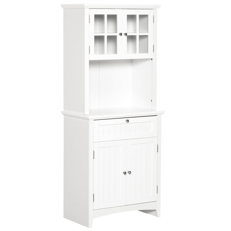 Kitchen Buffet and Hutch Wooden Storage Cupboard with Framed Glass Door, Drawer, Microwave Space for Dining and Living Room, 68.6W x 40D x 164Hcm, White