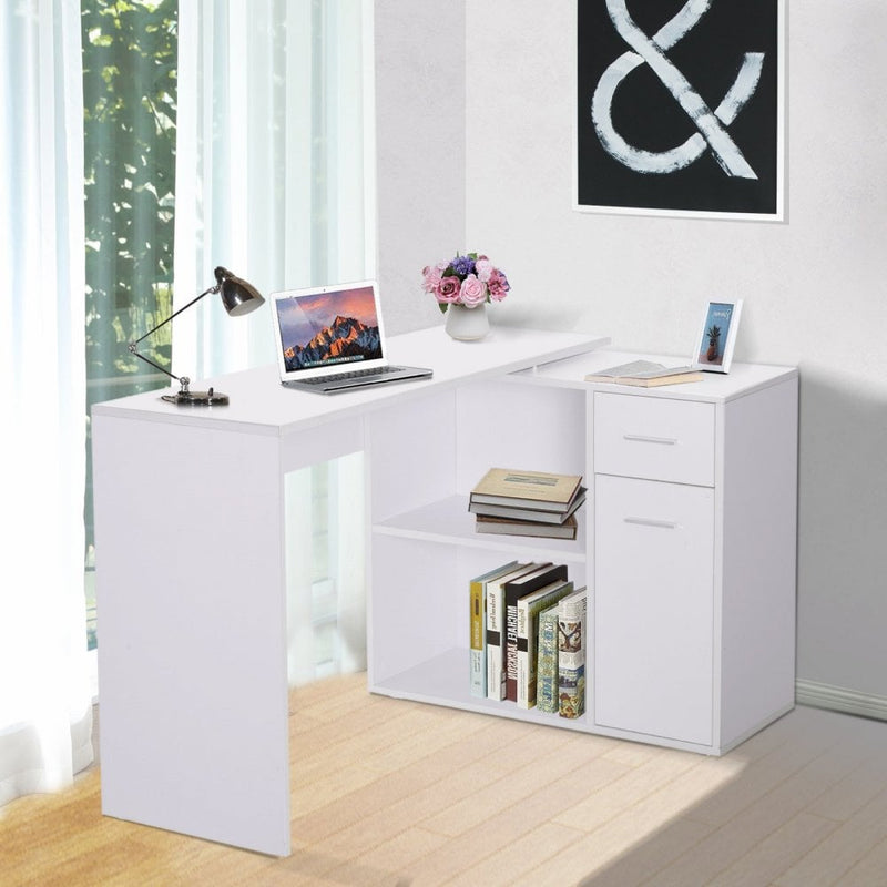 HOMCOM L-Shaped Desk Computer Corner Desk, Dining Table with Storage Shelf and Drawer, Workstation for Home Office, White