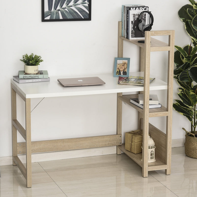 Rectangle Desk with 3-Tier Book Shelf Wide Display Table for Home Study, Office, White Wood Grain