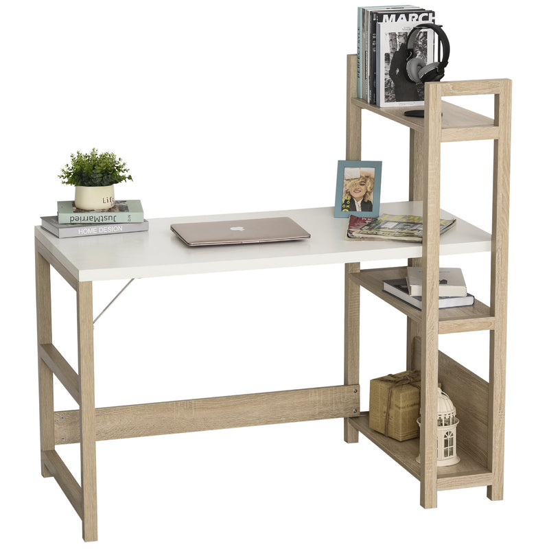 Rectangle Desk with 3-Tier Book Shelf Wide Display Table for Home Study, Office, White Wood Grain