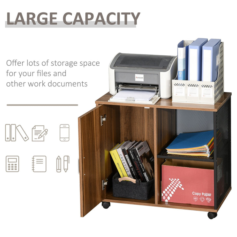 Printer Stand Home Office Mobile Storge File Cabinet Organizer with Castors, Door, Walnut Brown Storage Door