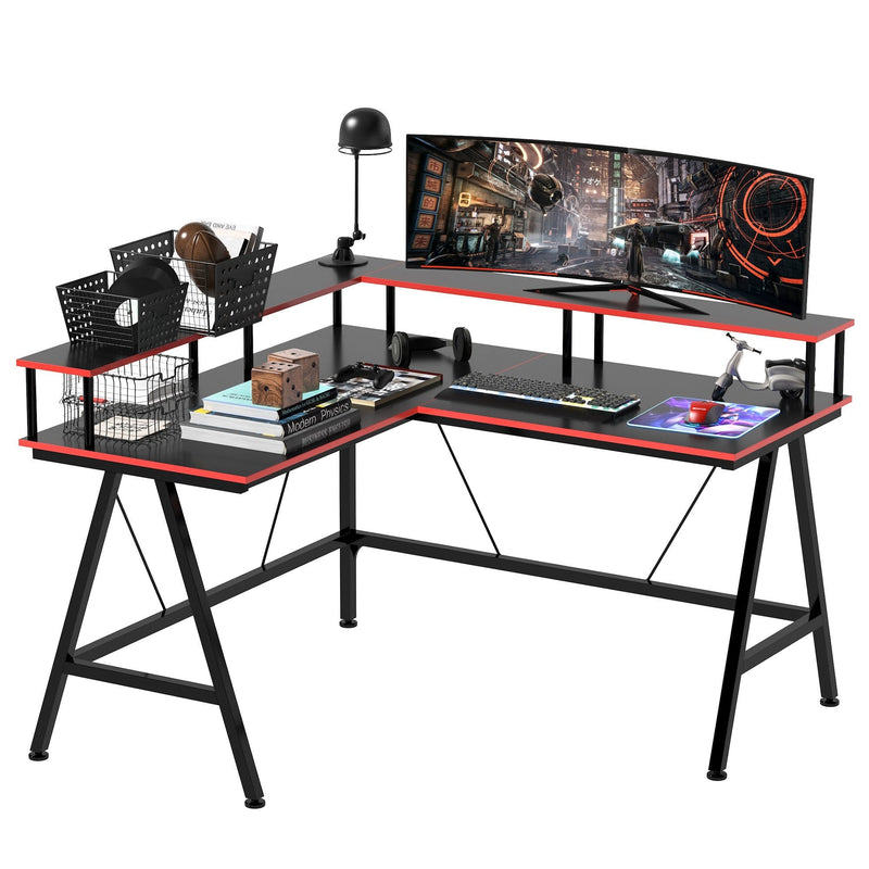 HOMCOM L-Shape Corner Gaming Desk Computer Table with Elevated Monitor Shelf Workstation, Black Red