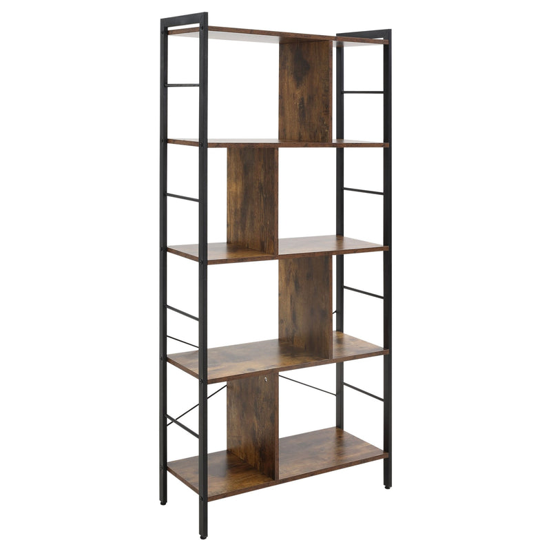 Industrial Storage Shelf Bookcase Closet Floor Standing Display Rack with 5 Tiers, Metal Frame for Living Room & Study, Rustic Brown