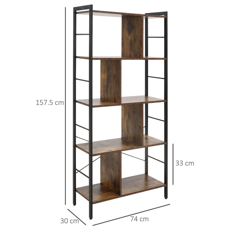Industrial Storage Shelf Bookcase Closet Floor Standing Display Rack with 5 Tiers, Metal Frame for Living Room & Study, Rustic Brown