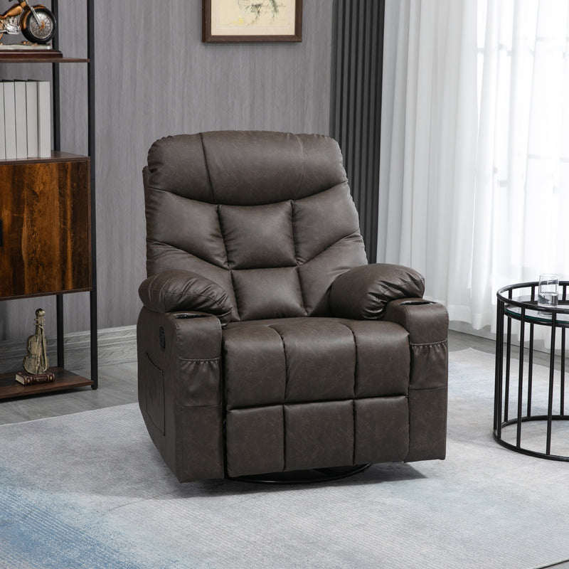 HOMCOM Manual Recliner Chair with Footrest, Cup Holder, Swivel Base, Brown