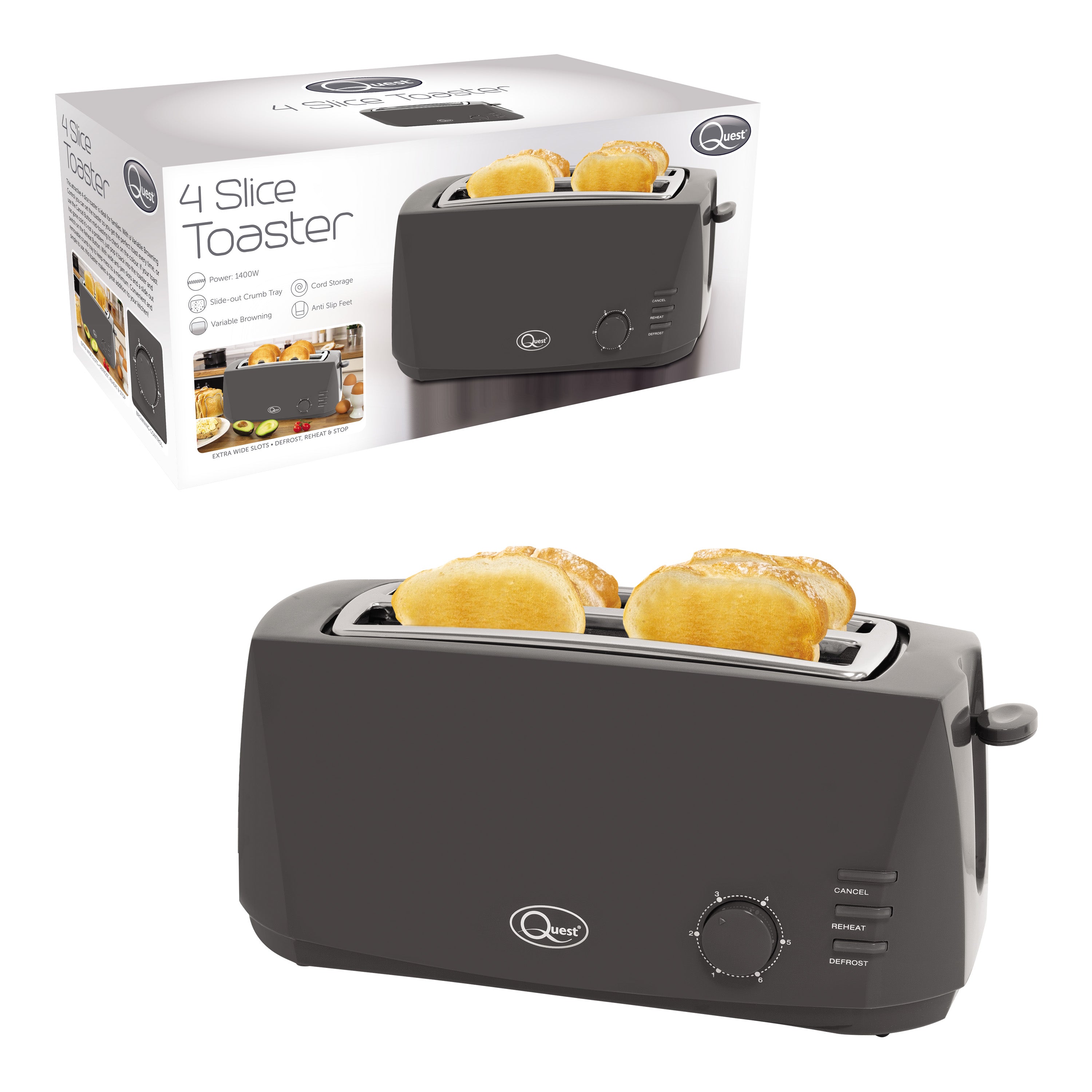 Quest 4 Slice Toaster Grey