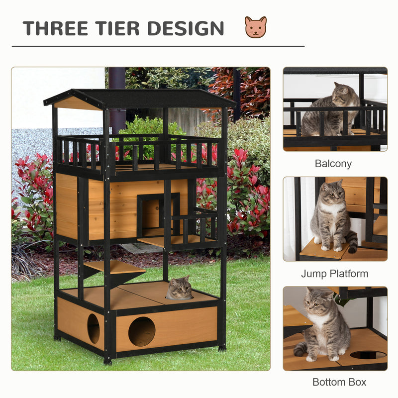 PawHut Wooden Outdoor Cat House 3-Tier Kitten Shelter w/ Tilted Roof Yellow