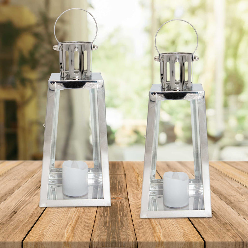 Lewis's Triangular Lanterns Candle Holders with Candles Set of 2 - 10.5x10x12cm