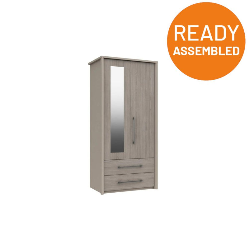 Miley Ready Assembled Wardrobe with 2 Doors, Drawers & Mirror - Grey Oak