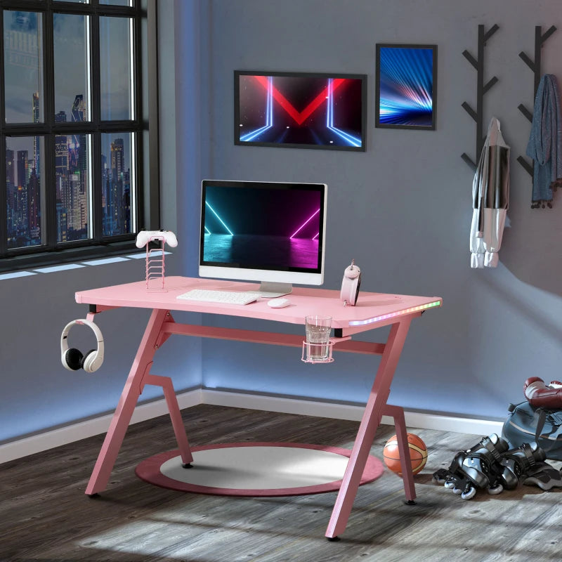 HOMCOM Gaming Desk with LED Lighting Strip 120cm Pink