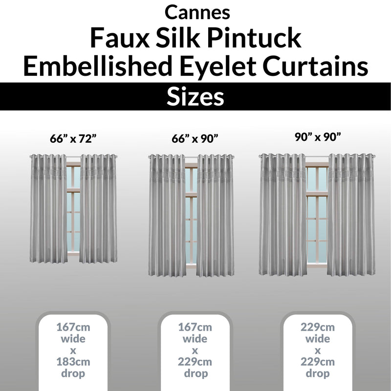Cannes Eyelet Curtains - Faux Silk Pintuck Embellished -Silver