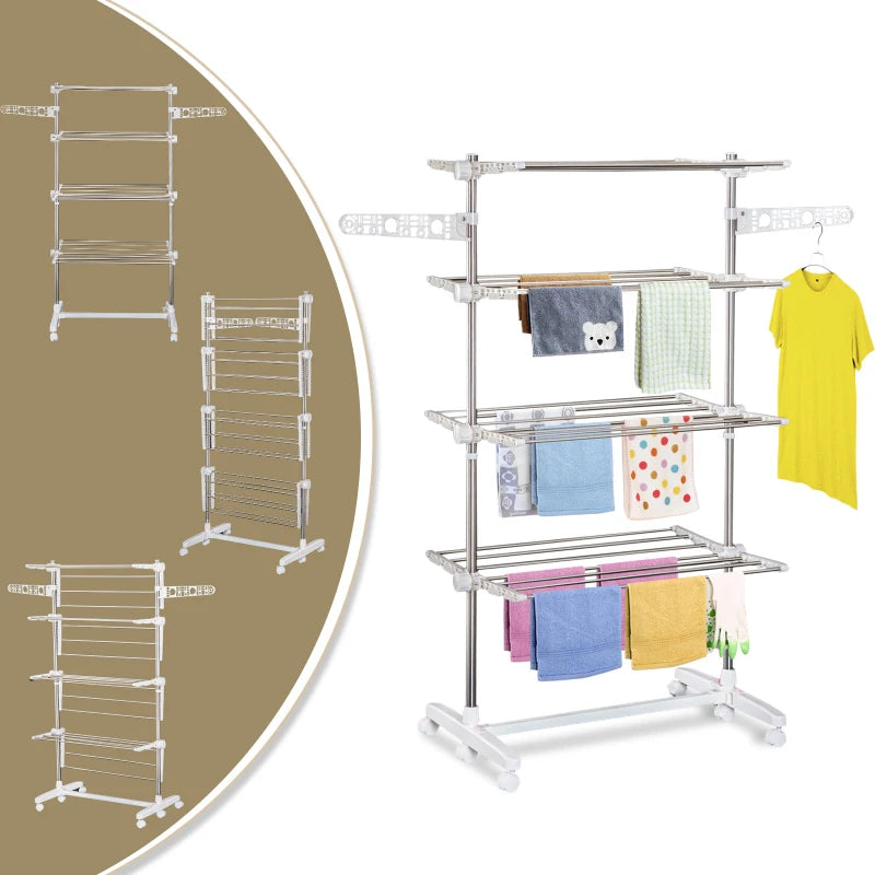 4 Layers Folding Cloth Hanger Stand Rail Adjustable Garment Rack W/Wheels-White/Silver