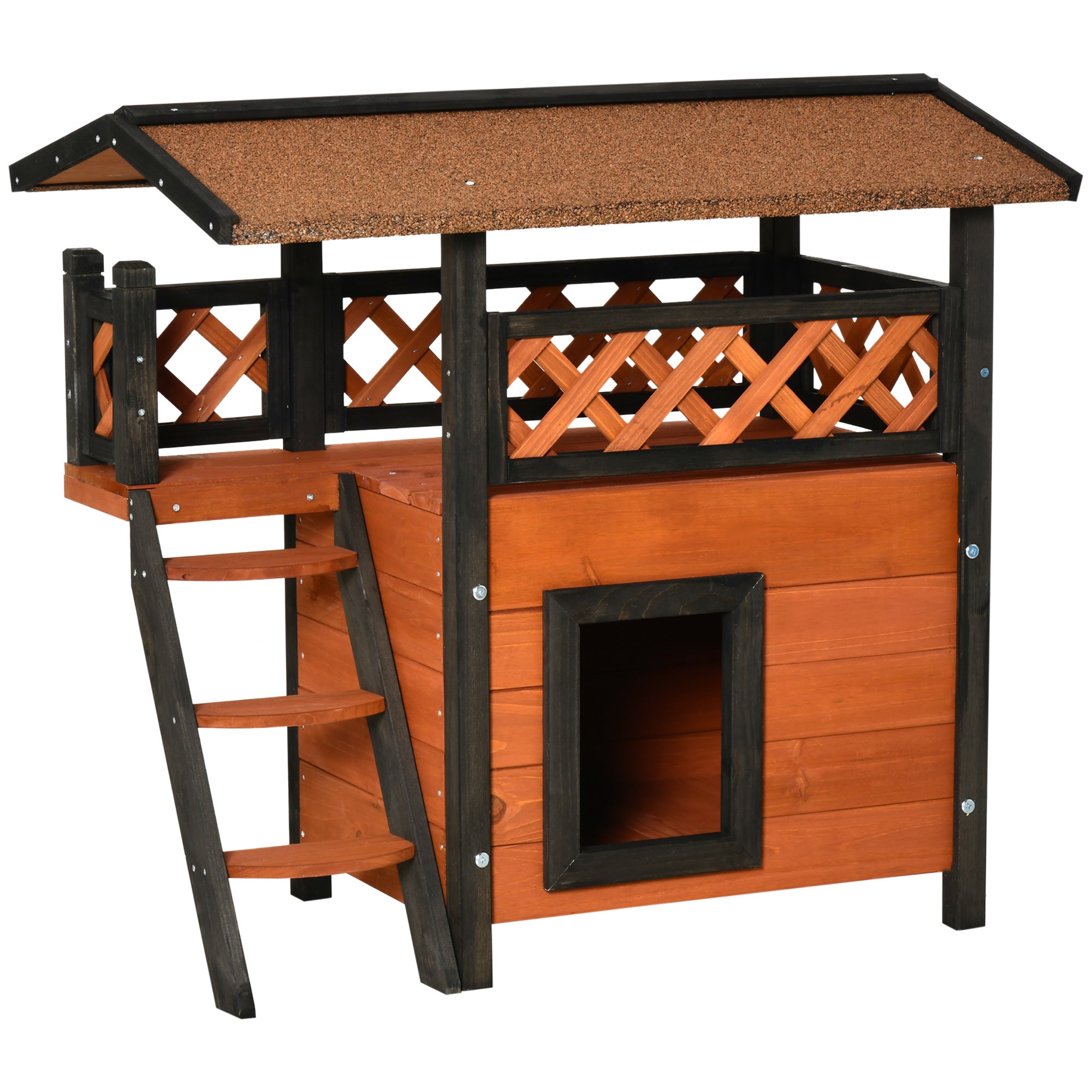 PawHut Cat House Outdoor Kitten Shelter Puppy Kennel w/ Balcony Stairs