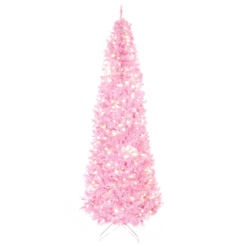 HOMCOM Christmas Tree Slim Pink 6' with 300 Warm White LED Lights