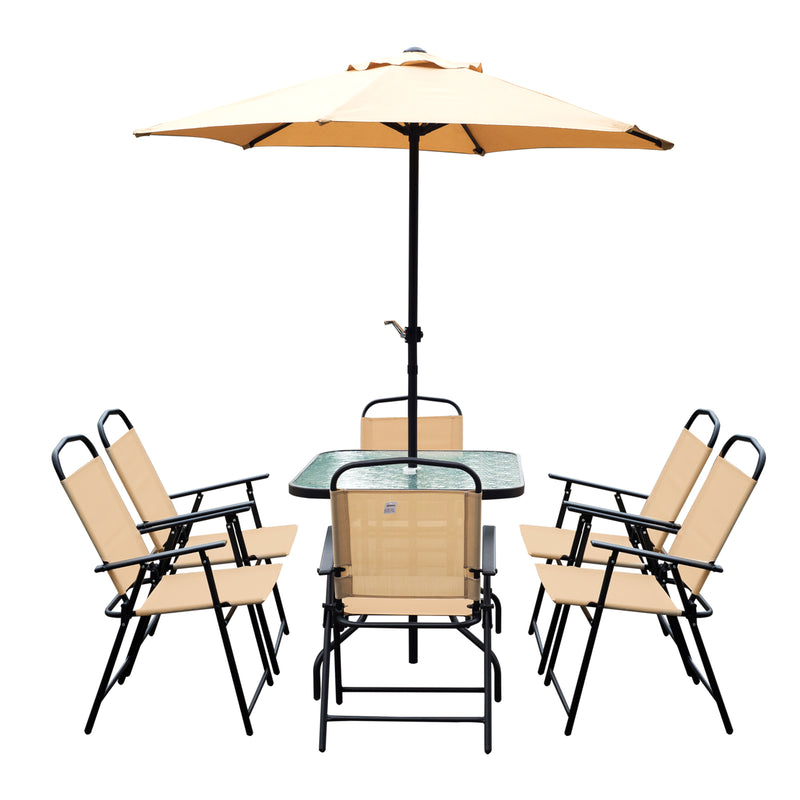 Outsunny 8 Pieces Dining Set Furniture Garden Foldable 6 Chairs 1 Table with Parasol Beige