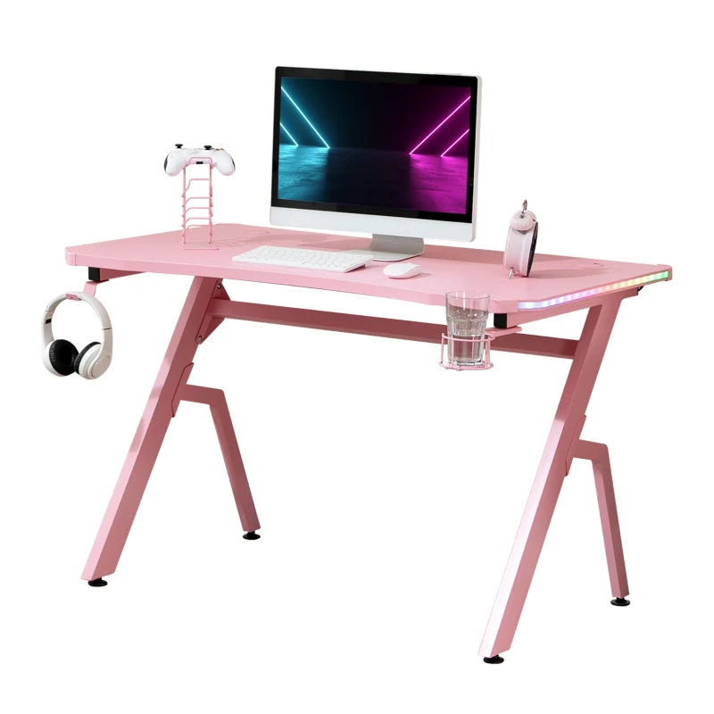 HOMCOM Gaming Desk with LED Lighting Strip 120cm Pink