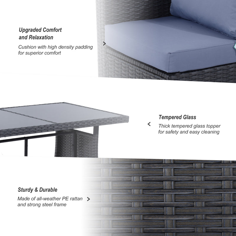 Outsunny 9-Seater Garden Rattan Furniture 10 Pcs Rattan Corner Dining Sofa Set, Grey/Dusty Blue Cushion