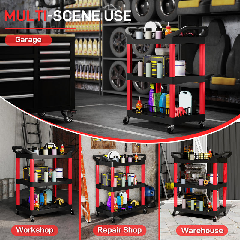 HOMCOM 3-Tier Rolling Tool Cart, Tool Trolley on Wheels for Garage, Black and Red