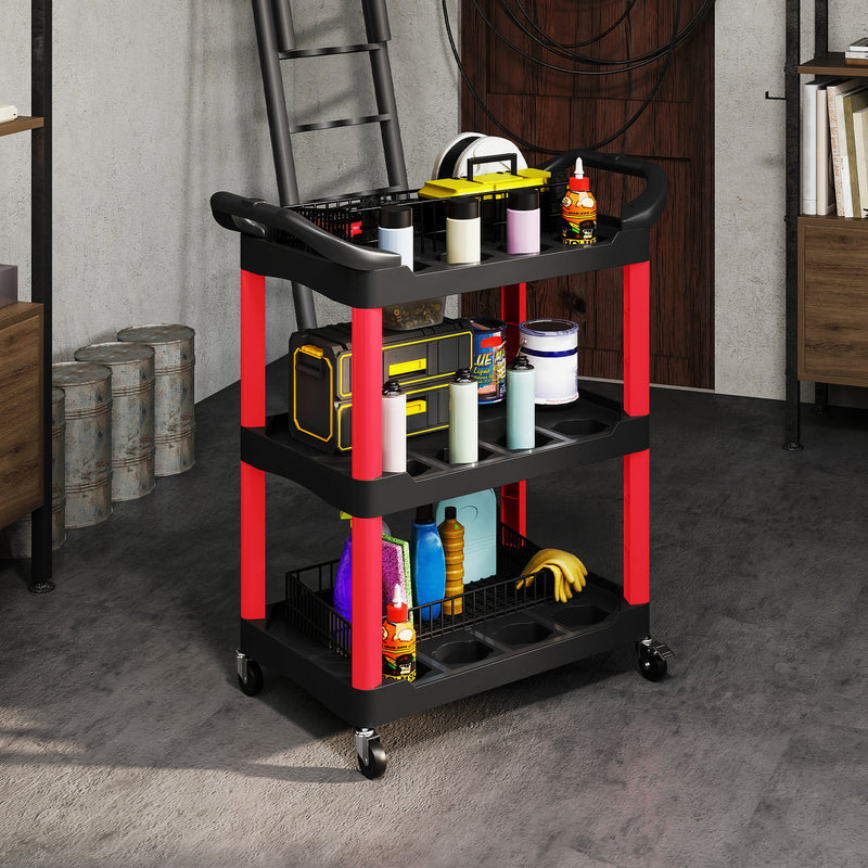 HOMCOM 3-Tier Rolling Tool Cart, Tool Trolley on Wheels for Garage, Black and Red