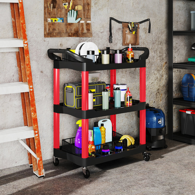 HOMCOM 3-Tier Rolling Tool Cart, Tool Trolley on Wheels for Garage, Black and Red