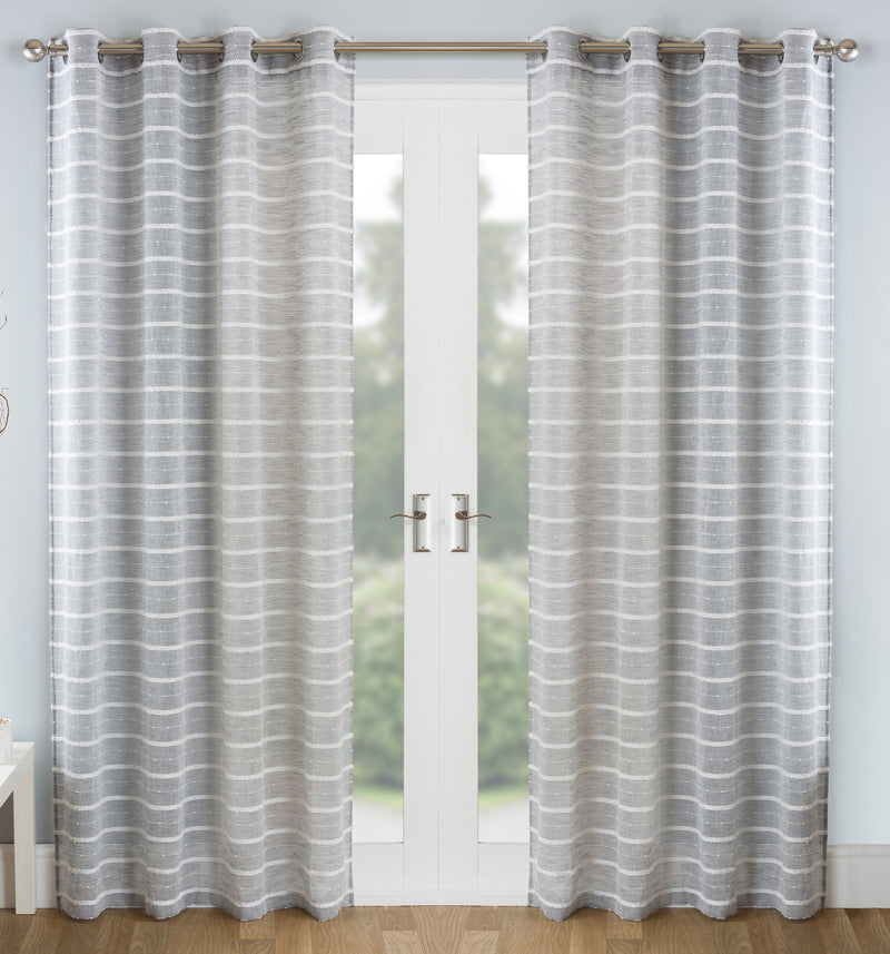 Pair of Antigua Grey Chenille Striped Single Voile Panels with Eyelet Header