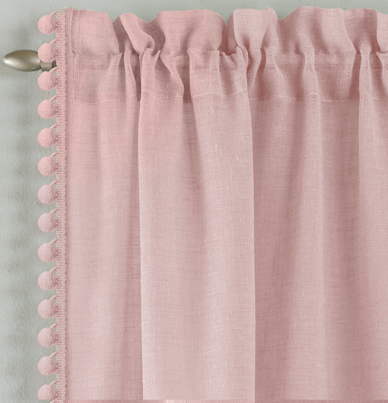 Pair of Tahiti Blush Pom-Pom Trim Linen Look Voile Panels with Rod Pocket Header 137 CMS