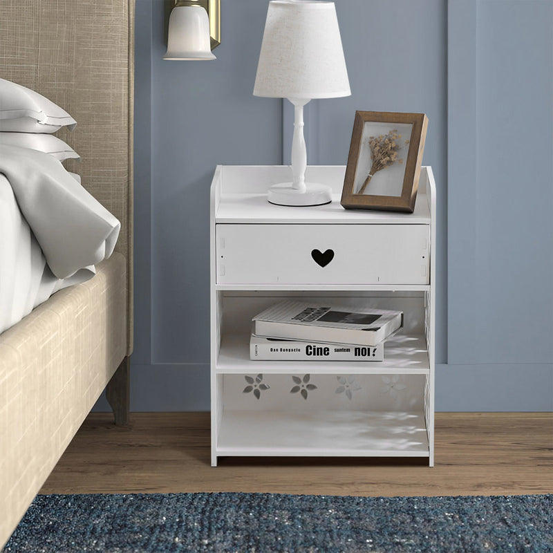 Livingandhome Hollow Carved Flower Pattern Side Table Nightstand with Drawer for Bedroom